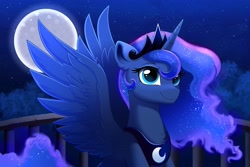 Size: 4096x2731 | Tagged: safe, artist:confetticakez, imported from derpibooru, princess luna, alicorn, pony, cute, female, looking up, moon, smiling, solo, spread wings, tree, wings