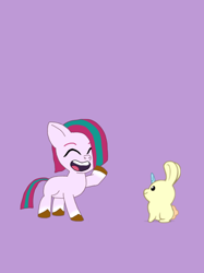 Size: 428x572 | Tagged: source needed, safe, artist:shucku, imported from derpibooru, oc, oc only, oc:lilac breeze, earth pony, pony, rabbit, animal, bunnycorn, cute, cutie mark, ear piercing, earth pony oc, female, filly, foal, g5, g5 oc, looking at something, my little pony: tell your tale, offspring, parent:hitch trailblazer, parent:zipp storm, parents:stormblazer, piercing, smiling, tail, tell your tale accurate, two toned mane, two toned tail, unshorn fetlocks, waving