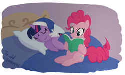 Size: 1533x917 | Tagged: safe, artist:siemensohm, imported from derpibooru, pinkie pie, twilight sparkle, earth pony, pony, unicorn, bed, book, duo, duo female, female, hat, horn, in bed, mare, nightcap, reading, sitting on bed, sleeping