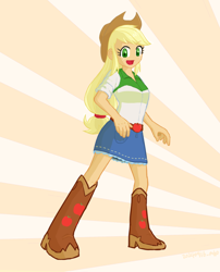 Size: 1018x1258 | Tagged: safe, artist:siemensohm, imported from derpibooru, applejack, human, equestria girls, female, looking at you, open mouth, open smile, smiling, smiling at you, solo, sunburst background