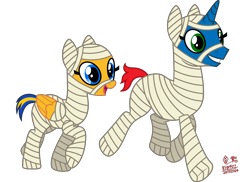 Size: 3336x2429 | Tagged: safe, artist:bsw421, imported from derpibooru, oc, oc only, oc:flare spark, oc:train track, pegasus, unicorn, ancient egypt, female, horn, male, mummy, pegasus oc, simple background, transparent background, unicorn oc, wings