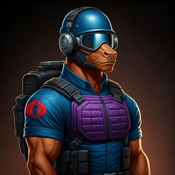 Size: 1024x1024 | Tagged: safe, imported from derpibooru, anthro, earth pony, ai content, ai generated, backpack, clothes, cobra the enemy, cosplay, costume, g.i. joe, generator:google imagen 3.0, gradient background, headset, helmet, male, muscles, muscular male, prompter:zerowinger, solo, tele-viper, visor