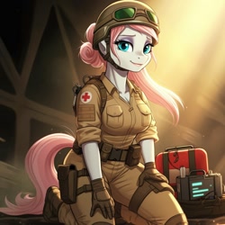 Size: 1024x1024 | Tagged: safe, imported from derpibooru, nurse redheart, anthro, plantigrade anthro, ai content, ai generated, breasts, clothes, cosplay, costume, doc, female, g.i. joe, generator:google imagen 3.0, gloves, helmet, kneeling, loose hair, medic, military uniform, prompter:zerowinger, smiling, solo, uniform