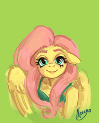 Size: 2329x2897 | Tagged: safe, artist:nexya05, imported from derpibooru, fluttershy, anthro, pegasus, bust, cute, floppy ears, green background, high res, looking at you, shyabetes, signature, simple background, smiling, smiling at you, solo