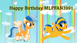 Size: 8693x4888 | Tagged: safe, artist:ncolque, imported from derpibooru, oc, oc only, oc:flare spark, oc:sunlight mist, pegasus, cloud, female, happy birthday, pegasus oc, rainbow falls (location), wings