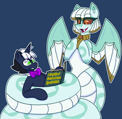 Size: 4768x4640 | Tagged: safe, artist:askhypnoswirl, imported from derpibooru, oc, oc:hypno swirl, monster pony, original species, snake, snake pony, unicorn, book, bowtie, coiling, coils, commission, fangs, horn, necktie, relaxing, smiling, unicorn oc, wings