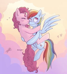 Size: 1804x1991 | Tagged: safe, artist:starryducks, imported from derpibooru, pinkie pie, rainbow dash, earth pony, pegasus, pony, blushing, cheek kiss, cloud, cute, dashabetes, diapinkes, duo, duo female, eyes closed, female, flying, hug, kissing, lesbian, mare, outdoors, pinkiedash, shipping