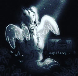 Size: 1017x995 | Tagged: safe, artist:flixanoa, artist:woodenmoth, imported from derpibooru, oc, oc only, oc:fef, pony, unicorn, angst, glowing, glowing wings, horn, male, sad, solo, stallion, wings