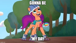 Size: 887x500 | Tagged: safe, imported from derpibooru, screencap, sunny starscout, earth pony, pony, caption, female, g5, gonna be my day, helmet, image macro, imgflip, my little pony: a new generation, my little pony: tell your tale, roller skates, skates, solo, song, text, tree, whistle, whistle necklace