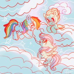 Size: 2528x2552 | Tagged: safe, artist:jaanhavi, imported from derpibooru, fluttershy, rainbow dash, zephyr breeze, pegasus, pony, blank flank, cloud, colt, colt zephyr breeze, female, filly, filly fluttershy, filly rainbow dash, flying, foal, high res, lying down, lying on a cloud, male, on a cloud, trio, younger