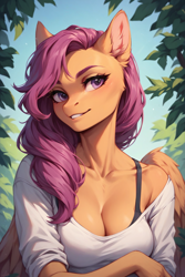 Size: 896x1344 | Tagged: safe, imported from derpibooru, scootaloo, anthro, pegasus, ai content, ai generated, bra, bra strap, breasts, busty scootaloo, cleavage, clothes, crossed arms, female, off shoulder, older, older scootaloo, prompter:saberclaw1x, smiling, solo, underwear