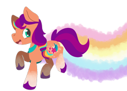 Size: 1174x846 | Tagged: safe, artist:mimiqq, imported from derpibooru, sunny starscout, earth pony, pony, digital art, g5, lineless, rainbow, raised hoof, running, simple background, smiling, solo, transparent background, unshorn fetlocks