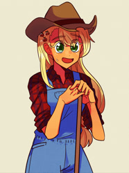 Size: 1280x1721 | Tagged: safe, artist:bibiriswamp, artist:robinswamp, imported from derpibooru, applejack, equestria girls, clothes, cutie mark accessory, cutie mark hair accessory, female, hair accessory, overalls, simple background, solo