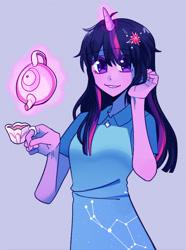 Size: 1280x1721 | Tagged: safe, artist:bibiriswamp, artist:robinswamp, imported from derpibooru, twilight sparkle, equestria girls, constellation, cup, cutie mark accessory, cutie mark hair accessory, eye clipping through hair, female, hair accessory, horn, simple background, solo, teacup, teapot, unicorn horn