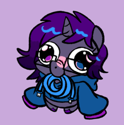 Size: 618x624 | Tagged: safe, artist:paperbagpony, imported from derpibooru, oc, oc:technomancer, pony, unicorn, blue mane, blushing, chibi, clothes, commission, ethernet cable, glasses, gradient mane, gray coat, heterochromia, hoodie, horn, lavender background, mouth hold, purple mane, simple background, solo, unshorn fetlocks, ych result