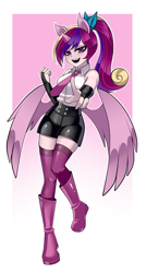 Size: 1500x2800 | Tagged: safe, artist:nekojackun, imported from derpibooru, oc, oc only, boots, clothes, eyeshadow, female, horn, makeup, open mouth, open smile, pointing, pointing at you, pony ears, ponytail, shoes, smiling, socks, solo, thigh highs, wings