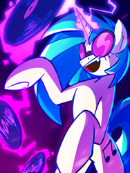 Size: 1536x2048 | Tagged: safe, artist:birderer, imported from derpibooru, dj pon-3, vinyl scratch, pony, unicorn, female, glasses, horn, magic, magic aura, mare, open mouth, open smile, rearing, record, signature, simple background, smiling, solo, sunglasses, telekinesis, transparent background, vinyl's glasses