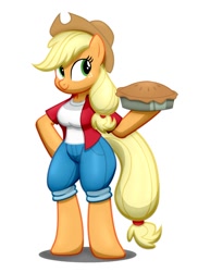 Size: 678x929 | Tagged: safe, artist:flash equestria photography, imported from derpibooru, applejack, anthro, unguligrade anthro, apple, apple pie, arm hooves, breasts, busty applejack, food, pie, semi-quad, shading, simple background, solo, white background