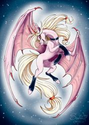 Size: 1130x1600 | Tagged: safe, artist:sunny way, imported from derpibooru, oc, oc:leaenala, bat pony, pony, art, artwork, badass, clothes, collar, commission, digital art, fangs, female, feral, festral, finished commission, flying, gloves, horns, mare, my little pony, night, open mouth, piercing, realistic paint studio, socks, solo, stars, stockings, thigh highs, traditional art, watercolor painting, wings