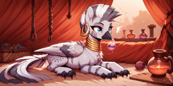 Size: 2400x1200 | Tagged: safe, imported from derpibooru, zecora, griffon, hybrid, zebra, ai content, ai generated, beak, drink, drinking, emanata, implied transformation, paws, potion, prompter:greesys, solo, surprised, tent, wings