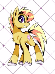 Size: 1200x1600 | Tagged: safe, artist:stacy_165cut, imported from derpibooru, oc, oc only, oc:blazing bolt, earth pony, pony, colored hooves, earth pony oc, hooves, looking back, male, male oc, patterned background, profile, purple eyes, requested art, shiny eyes, shiny mane, shiny tail, smiling, solo, spiky mane, spiky tail, stallion oc, standing, tail, turned head, two toned background, two toned mane, two toned tail, unshorn fetlocks, white hooves, yellow coat