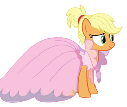 Size: 706x594 | Tagged: safe, edit, edited screencap, imported from derpibooru, screencap, applejack, earth pony, pony, honest apple, season 7, alternate hairstyle, chiffon, clothes, dress, elegant, female, hair up, mare, pink dress, png, poofy dress, simple background, smiling, solo, transparent background