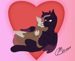 Size: 3969x3200 | Tagged: safe, artist:maître cervidé, imported from derpibooru, oc, oc:coffee sprite, oc:purple rain, pegasus, cuddling, duo, duo male, gay, heart, love, male, signature, sleeping