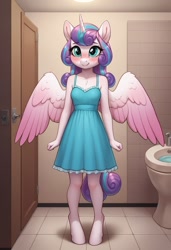 Size: 832x1216 | Tagged: safe, imported from ponybooru, princess flurry heart, alicorn, anthro, ai content, ai generated, bathroom, clothes, dress, female, foal, foalcon, lolicon, prompt in source, prompter:zodzod, solo, underage, young