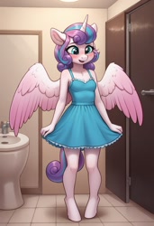 Size: 832x1216 | Tagged: safe, imported from ponybooru, princess flurry heart, alicorn, anthro, ai content, ai generated, bathroom, clothes, dress, female, foal, foalcon, lolicon, prompt in source, prompter:zodzod, solo, underage, young