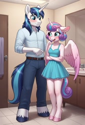 Size: 832x1216 | Tagged: safe, imported from ponybooru, princess flurry heart, shining armor, alicorn, anthro, unicorn, ai content, ai generated, bathroom, clothes, dress, father and child, father and daughter, female, foal, male, parent and child, prompt in source, prompter:zodzod, young