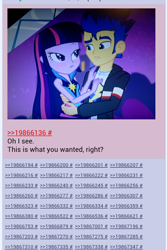 Size: 1070x1600 | Tagged: safe, imported from derpibooru, screencap, flash sentry, twilight sparkle, alicorn, human, equestria girls, /mlp/, 2014, 4chan, 4chan screencap, artifact, blushing, cropped, drama, duo, duo male and female, end of the world, eye contact, female, flash sentry drama, flashgate, flashlight, holding, lidded eyes, link in description, looking at each other, looking at someone, male, meme, my little pony equestria girls: rainbow rocks, shipping, straight, twilight sparkle (alicorn), waifu thief