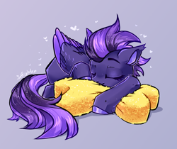 Size: 2480x2079 | Tagged: safe, artist:intfighter, imported from derpibooru, oc, oc only, oc:shadow galaxy, pegasus, pony, commission, cute, ear fluff, ethereal mane, eyes closed, female, folded wings, gradient background, heart, high res, hooves, mare, pegasus oc, pillow, sleeping, solo, starry mane, starry tail, tail, wings, ych result