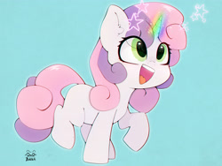 Size: 4000x3000 | Tagged: safe, artist:zokkili, imported from derpibooru, sweetie belle, pony, unicorn, blank flank, cute, diasweetes, ear fluff, eye clipping through hair, female, filly, foal, glowing, glowing horn, high res, horn, magic, open mouth, open smile, raised hoof, raised leg, signature, smiling, solo, tail