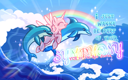 Size: 3611x2260 | Tagged: safe, artist:redjester, imported from derpibooru, dolphin, pony, advertisement, commission, eyes closed, horn, rainbow, water, wave, wings, your character here