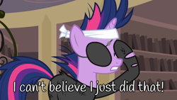 Size: 960x540 | Tagged: safe, imported from derpibooru, twilight, twilight sparkle, pony, unicorn, it's about time, bandage, book, eyepatch, facehoof, female, frazzled, future twilight, horn, library, mare, meme, monochrome, reference, shelf, solo, text