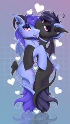 Size: 2785x4951 | Tagged: safe, artist:divori, imported from derpibooru, oc, oc only, oc:midnight depth, oc:night depth, bat pony, abstract background, bat pony oc, bat wings, bow, collar, eyelashes, eyeshadow, heart, horn, horns, hug, looking at you, makeup, piercing, pink eyes, reflection, simple background, smiling, smiling at you, wings