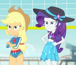 Size: 453x387 | Tagged: safe, imported from derpibooru, screencap, applejack, rarity, equestria girls, angry, applejack's beach shorts swimsuit, applejack's hat, bikini, bikini top, clothes, cowboy hat, cropped, crossed arms, equestria girls specials, hand on hip, hat, my little pony equestria girls: forgotten friendship, rarity's blue sarong, rarity's purple bikini, sarong, scowl, skirt, stetson, sun hat, swimsuit