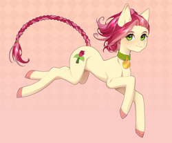 Size: 2178x1800 | Tagged: safe, artist:takic, imported from derpibooru, roseluck, earth pony, pony, alternate hairstyle, braid, braided tail, collar, commission, commissioner:doom9454, cute, looking at you, pet tag, pony pet, ponytail, rosepet, tail