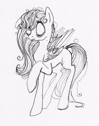 Size: 2454x3146 | Tagged: safe, artist:wolfiedrawie, imported from derpibooru, oc, oc only, oc:wolfie drawie, pegasus, pony, black and white, don't starve, female, grayscale, mare, monochrome, no pupils, simple background, solo, style emulation, traditional art, white background