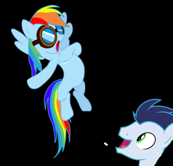 Size: 862x828 | Tagged: safe, imported from ponybooru, screencap, rainbow dash, soarin', pegasus, best pony, chest beating, chest pounding, chest scar, female, feminism, flirting, goggles, headcanon, heartwarming, heroic, male, rainbow sass, romantic, scar, shipping, shipping fuel, soarindash, straight, sweet dreams fuel, triumph