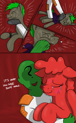 Size: 1664x2671 | Tagged: safe, artist:anonymous, imported from derpibooru, oc, oc only, oc:anon, human, pony, 4 panel comic, beaten up, blood, blood cell, cancer, cancer cell, comic, crying, cure, female, female oc, fight, human oc, male, male oc, mare oc, micro, open mouth, open smile, ponified, punk, red blood cell, rescue, shaking, smiling, tears of joy