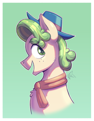 Size: 2117x2727 | Tagged: safe, artist:bkiltersot, imported from derpibooru, pistachio, bust, clothes, freckles, fur, gradient background, green background, green eyes, green mane, hat, male, open mouth, open smile, side view, simple background, smiling, solo, stallion