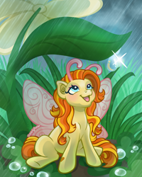 Size: 1800x2250 | Tagged: safe, artist:sparkytopia, imported from derpibooru, zipzee, breezie, pony, antennae, fairy wings, female, flower, g3, leaf, looking up, mare, not adagio dazzle, open mouth, open smile, orange hair, outdoors, rain, small pony, smiling, smol, solo, water, wings, yellow coat