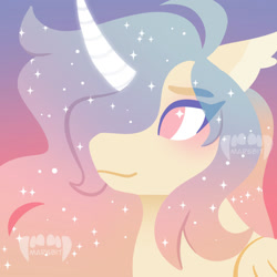 Size: 800x800 | Tagged: safe, artist:marsbit, imported from derpibooru, oc, oc only, alicorn, alicorn oc, bust, gradient background, horn, lineless, no pupils, oc name needed, portrait, solo, sparkly mane, watermark, wings