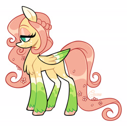 Size: 2048x2048 | Tagged: safe, artist:3ggmilky, imported from derpibooru, fluttershy, pegasus, blaze (coat marking), braid, chest fluff, coat markings, colored eartips, colored wings, colored wingtips, eyeshadow, facial markings, flower, flower in hair, flower in tail, freckles, leg freckles, lidded eyes, makeup, pink eyeshadow, redesign, shiny hooves, simple background, socks (coat markings), solo, standing, tail, unshorn fetlocks, white background, wing freckles, wings