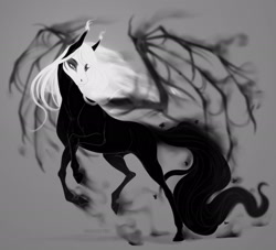 Size: 2048x1862 | Tagged: safe, artist:dementra369, imported from derpibooru, oc, oc only, pony, black and white, grayscale, hoers, monochrome, oc name needed, realistic horse legs, simple background, smoke, solo