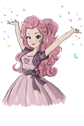 Size: 2133x3200 | Tagged: safe, artist:deedo781, imported from derpibooru, pinkie pie, human, equestria girls, blushing, clothes, confetti, dress, female, humanized, simple background, smiling, solo, white background