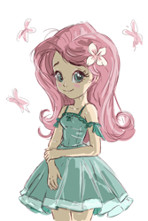 Size: 2133x3200 | Tagged: safe, artist:deedo781, imported from derpibooru, fluttershy, butterfly, human, equestria girls, blush sticker, blushing, clothes, dress, female, humanized, smiling, solo