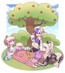 Size: 2649x3000 | Tagged: safe, artist:madelinne, imported from derpibooru, oc, oc only, basket, eating, female, male, mare, picnic, picnic basket, picnic blanket, stallion, talking