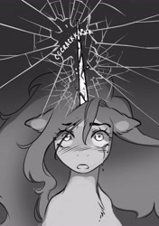 Size: 2882x4096 | Tagged: safe, artist:opalacorn, imported from derpibooru, oc, oc only, oc:starlight, alicorn, pony, alicorn oc, black and white, broken glass, bust, female, floppy ears, gradient background, grayscale, horn, long horn, looking up, mare, monochrome, wings